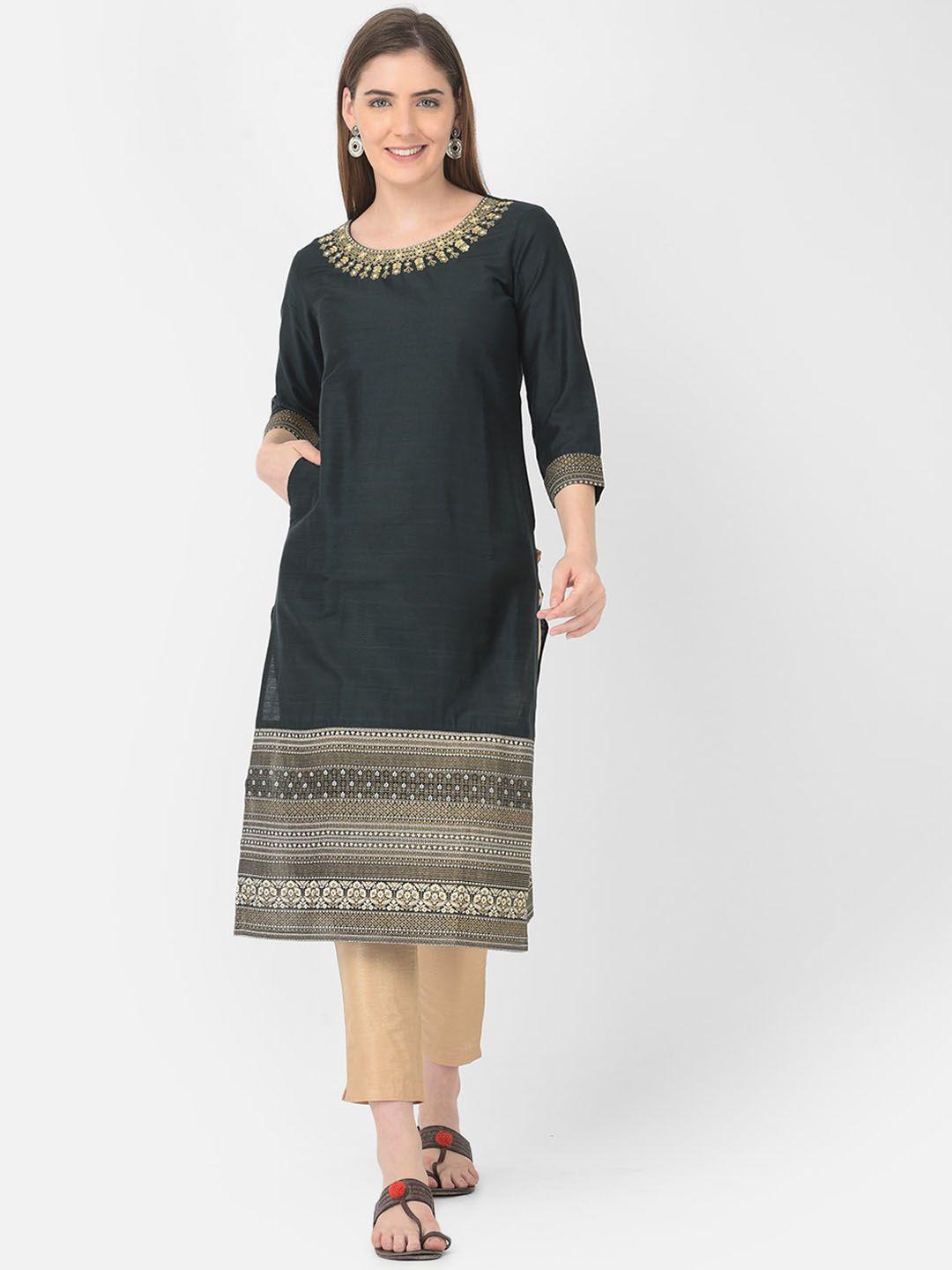 span women green geometric thread work kurta