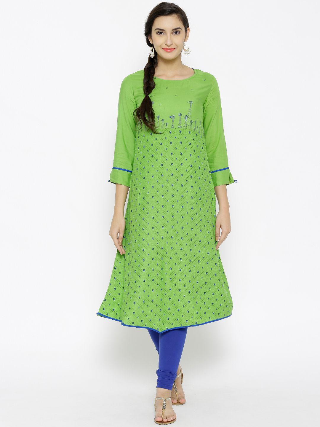 span women green printed a-line kurta