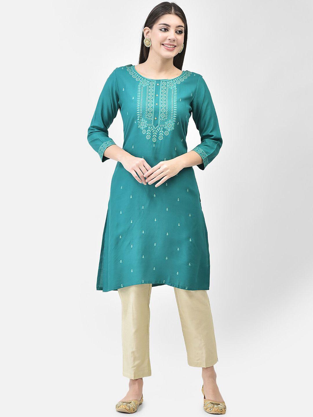 span women green printed regular kurta with trousers