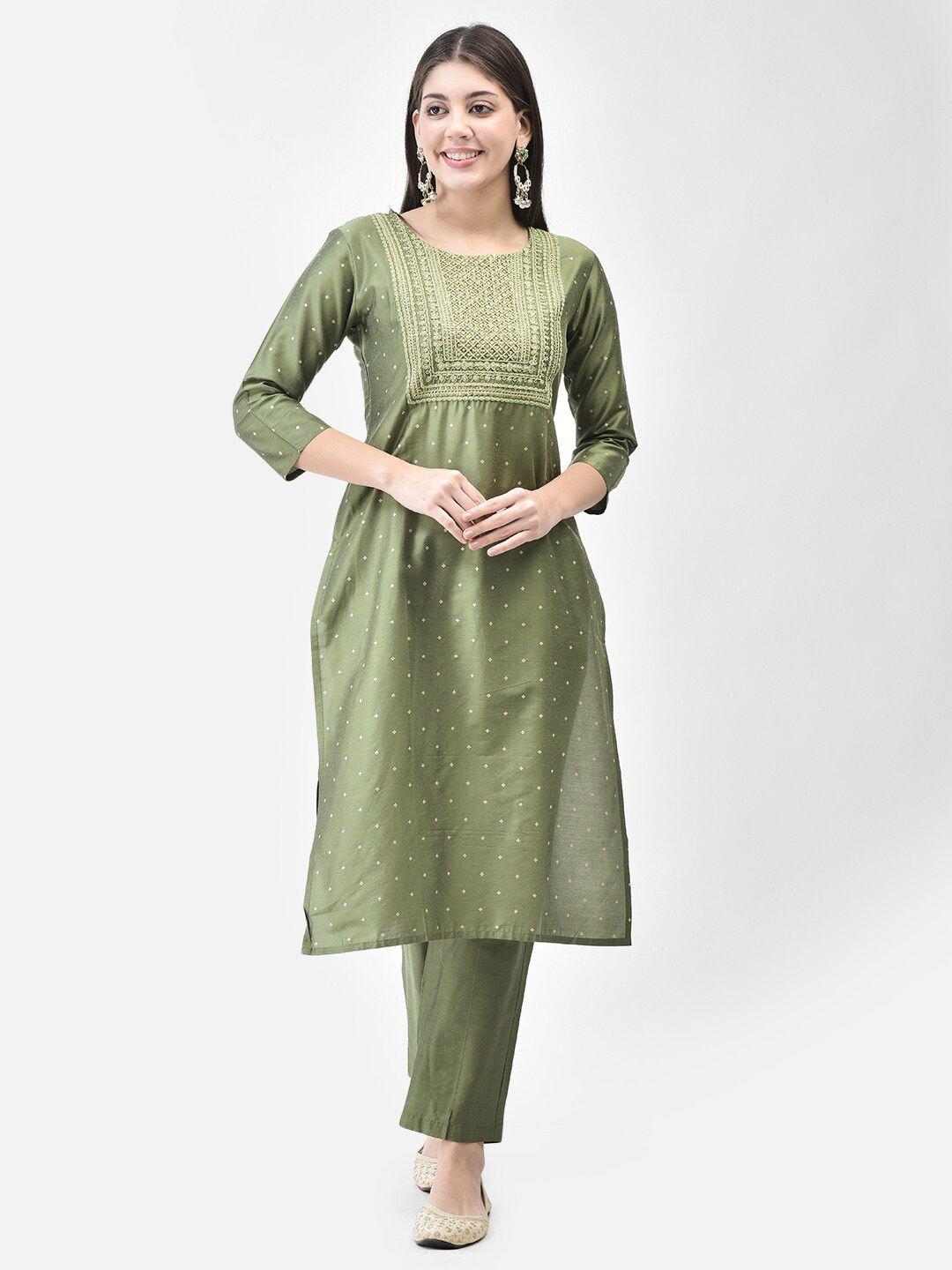 span women green printed regular kurta with trousers