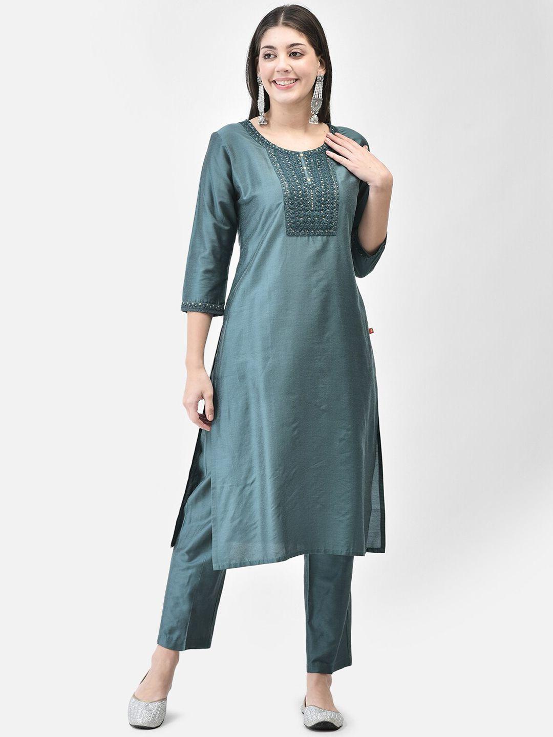 span women green regular kurta with trousers