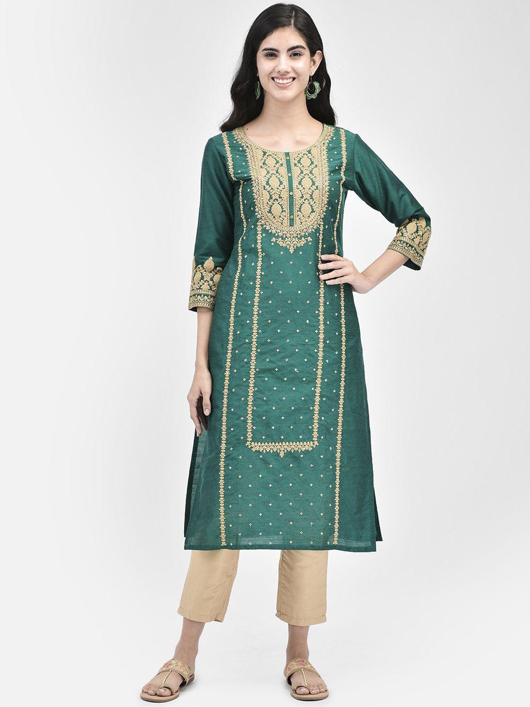 span women green tribal embroidered thread work kurta