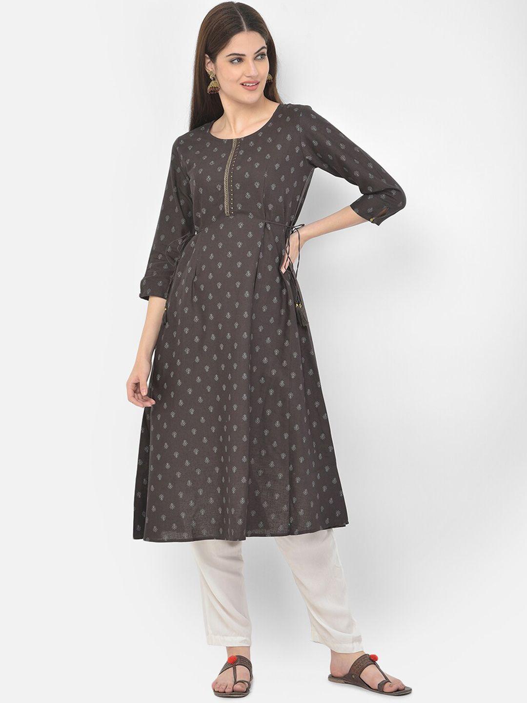 span women grey geometric thread work kurta