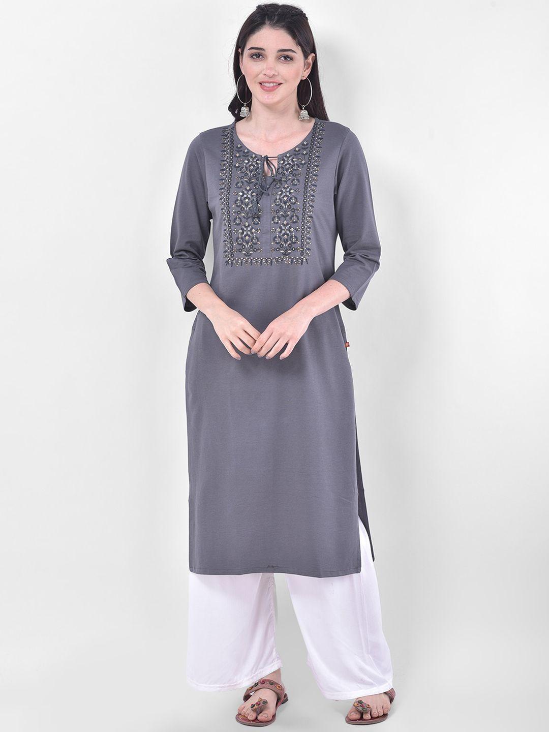 span women grey thread work kurta