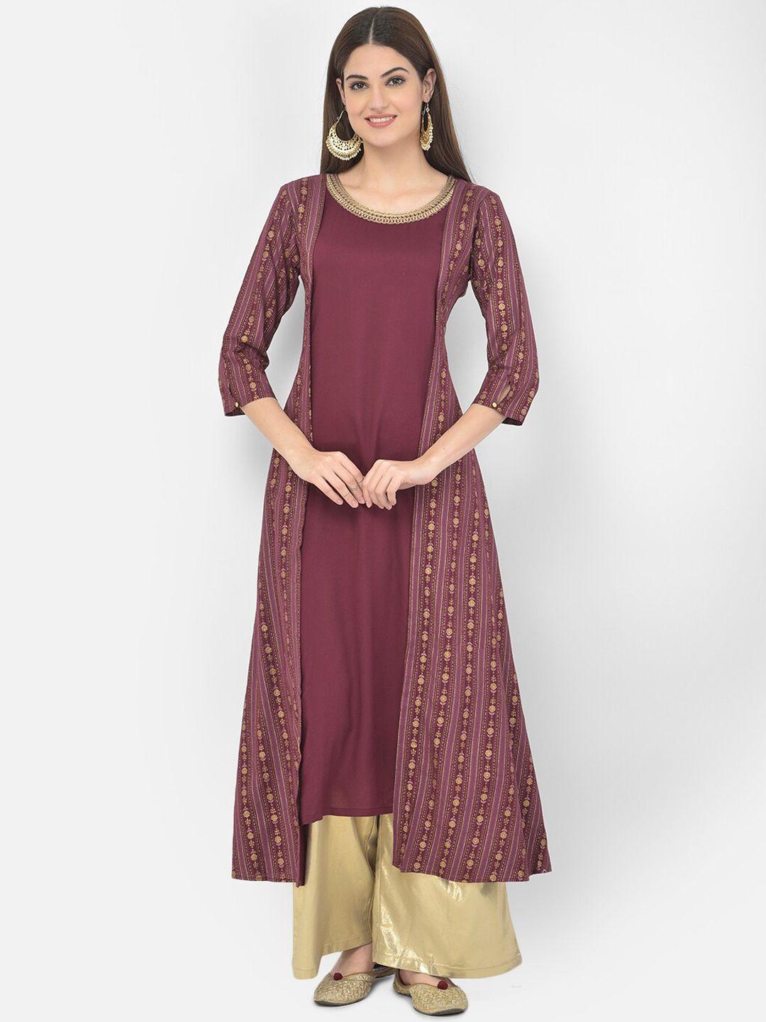 span women maroon & gold-toned floral embroidered kurta