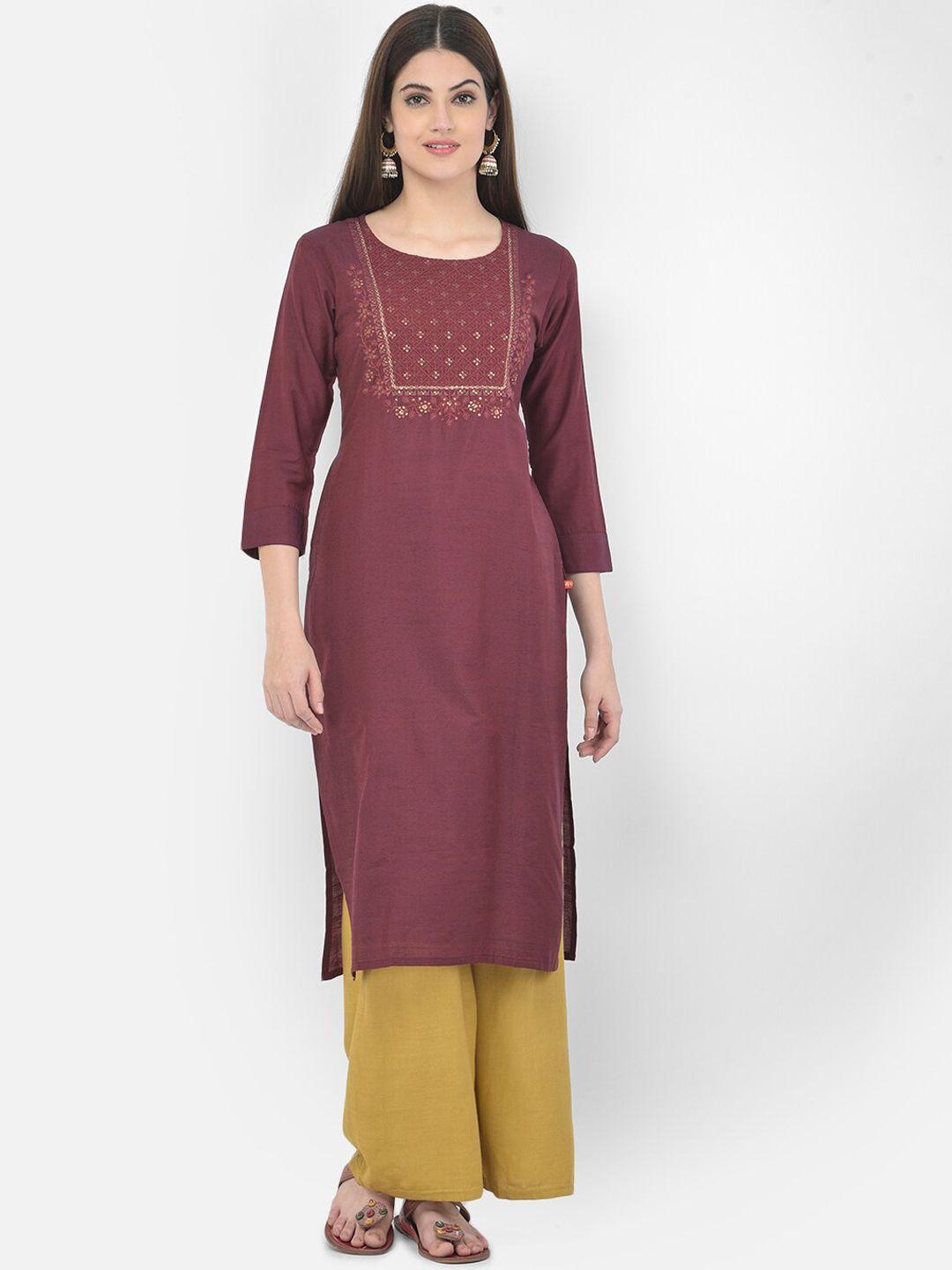 span women maroon ethnic motifs embroidered kurta