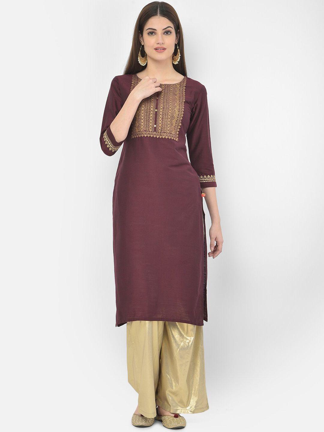 span women maroon ethnic motifs yoke design kurta