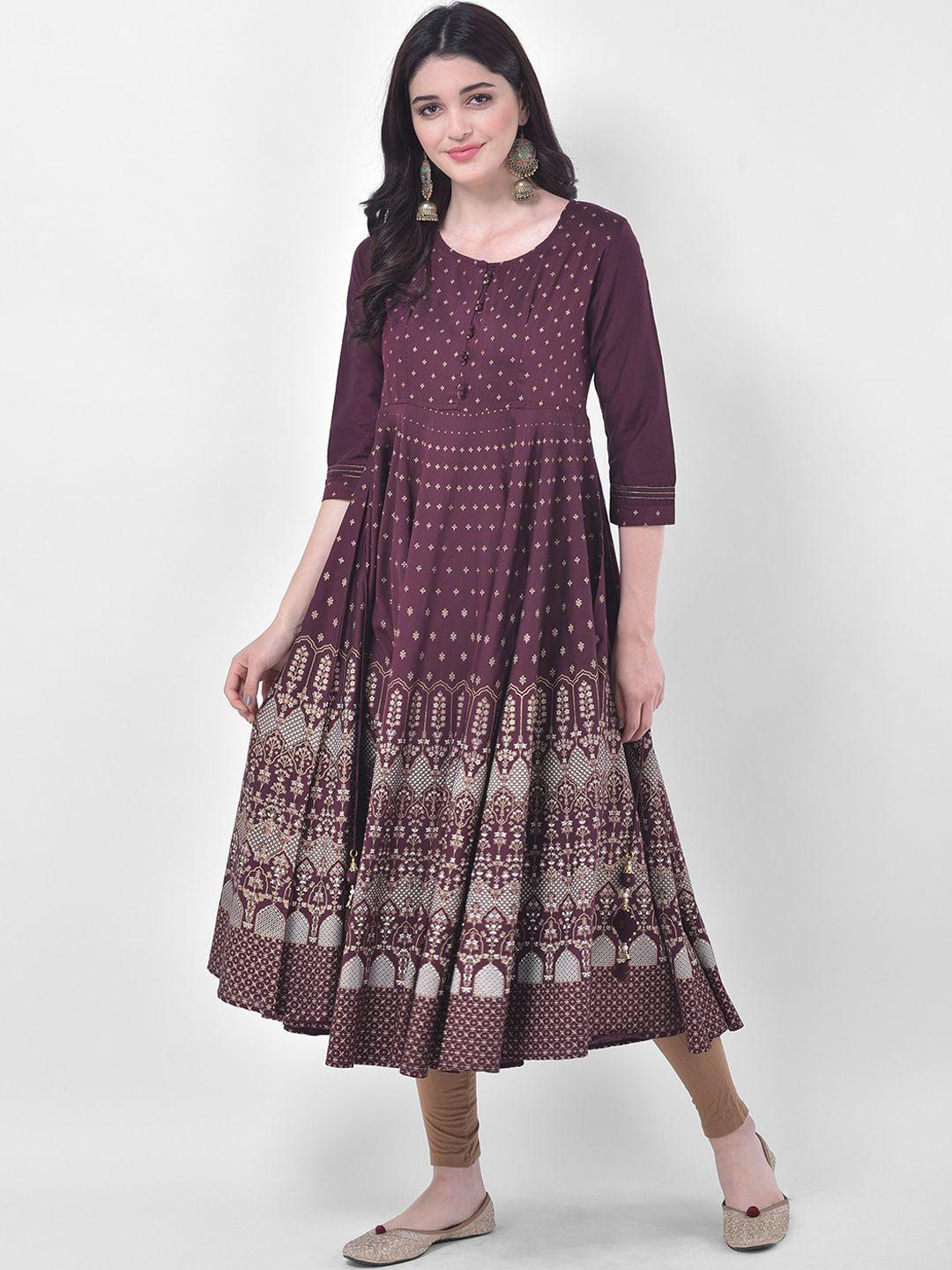 span women maroon floral printed anarkali kurta