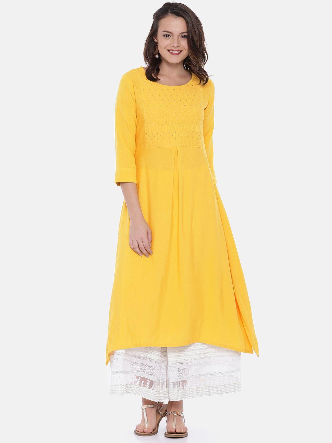 span women mustard solid a-line kurta