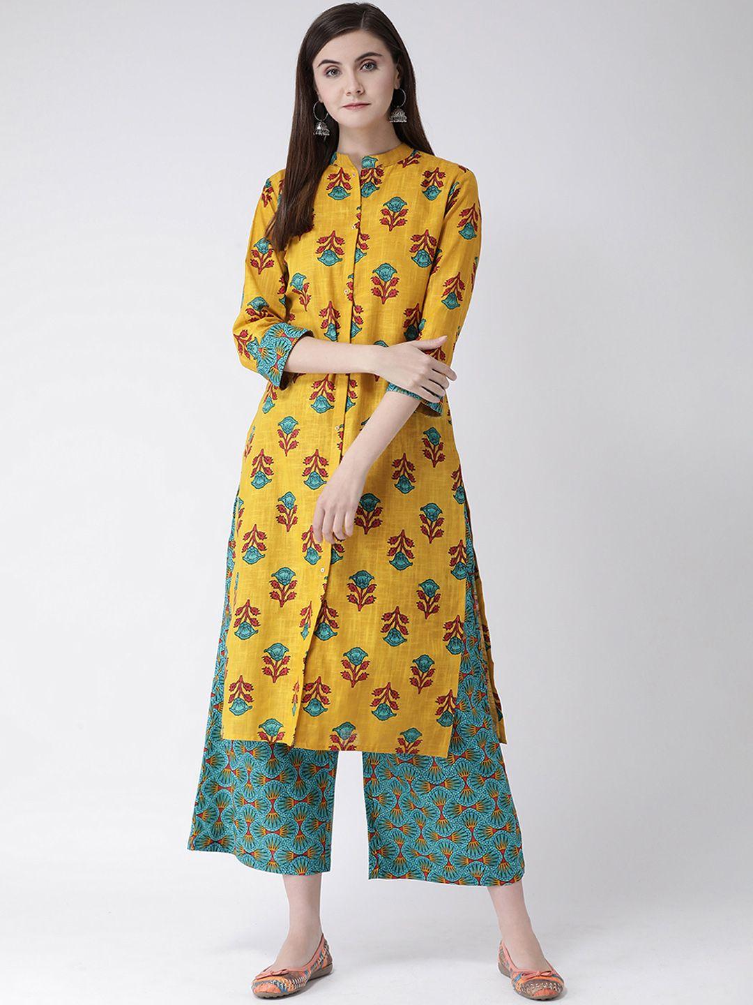 span women mustard yellow & blue printed kurta with palazzos