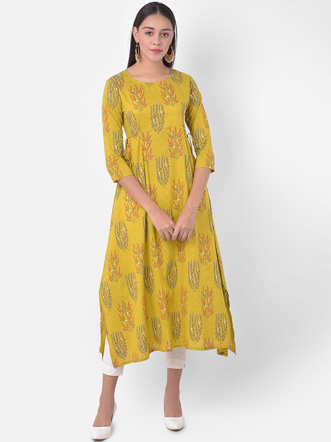 span women mustard yellow ethnic motifs printed pure cotton a-line kurta