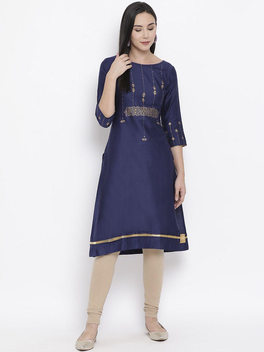 span women navy blue & gold-coloured printed a-line kurta
