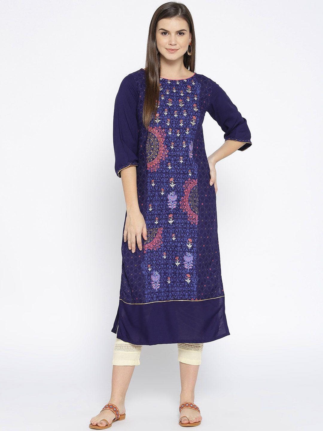 span women navy blue printed straight kurta