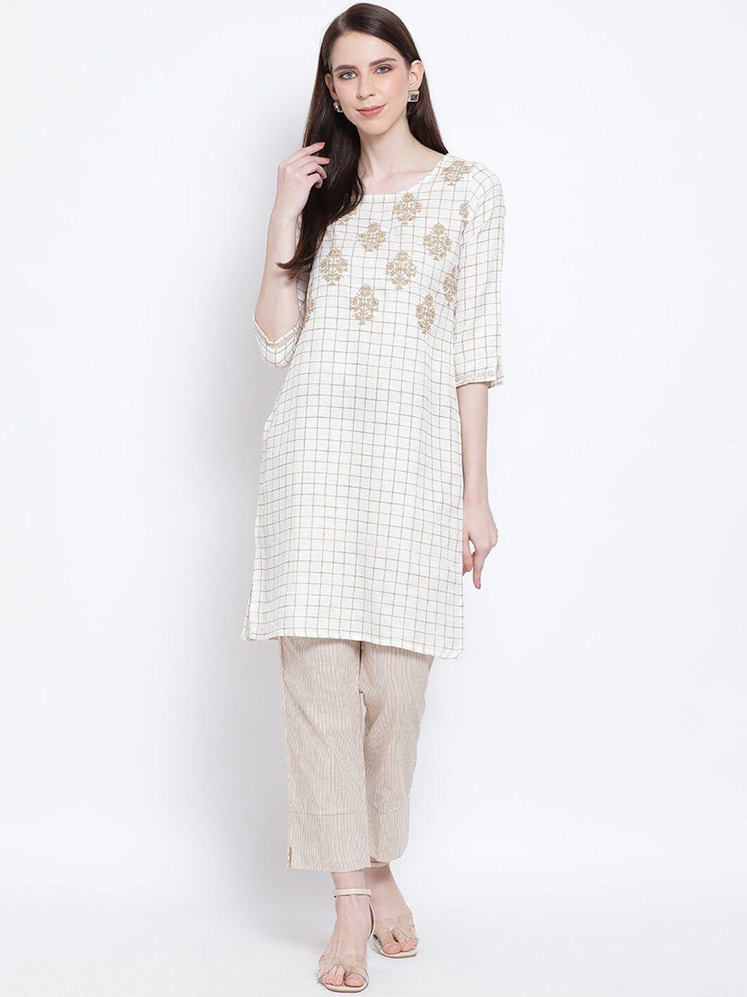 span women off-white & beige embroidered cotton kurta with trousers