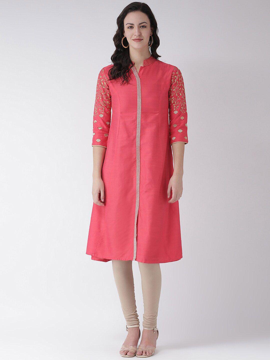 span women peach-coloured embroidered a-line winter kurta