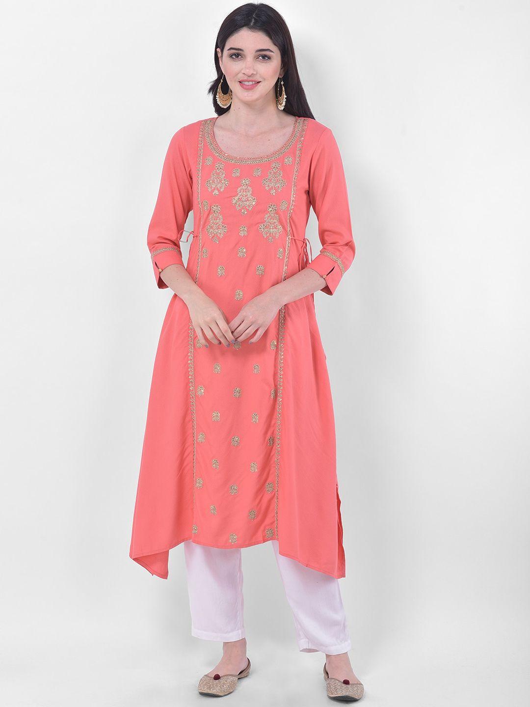 span women peach-coloured ethnic motifs embroidered cotton kurta