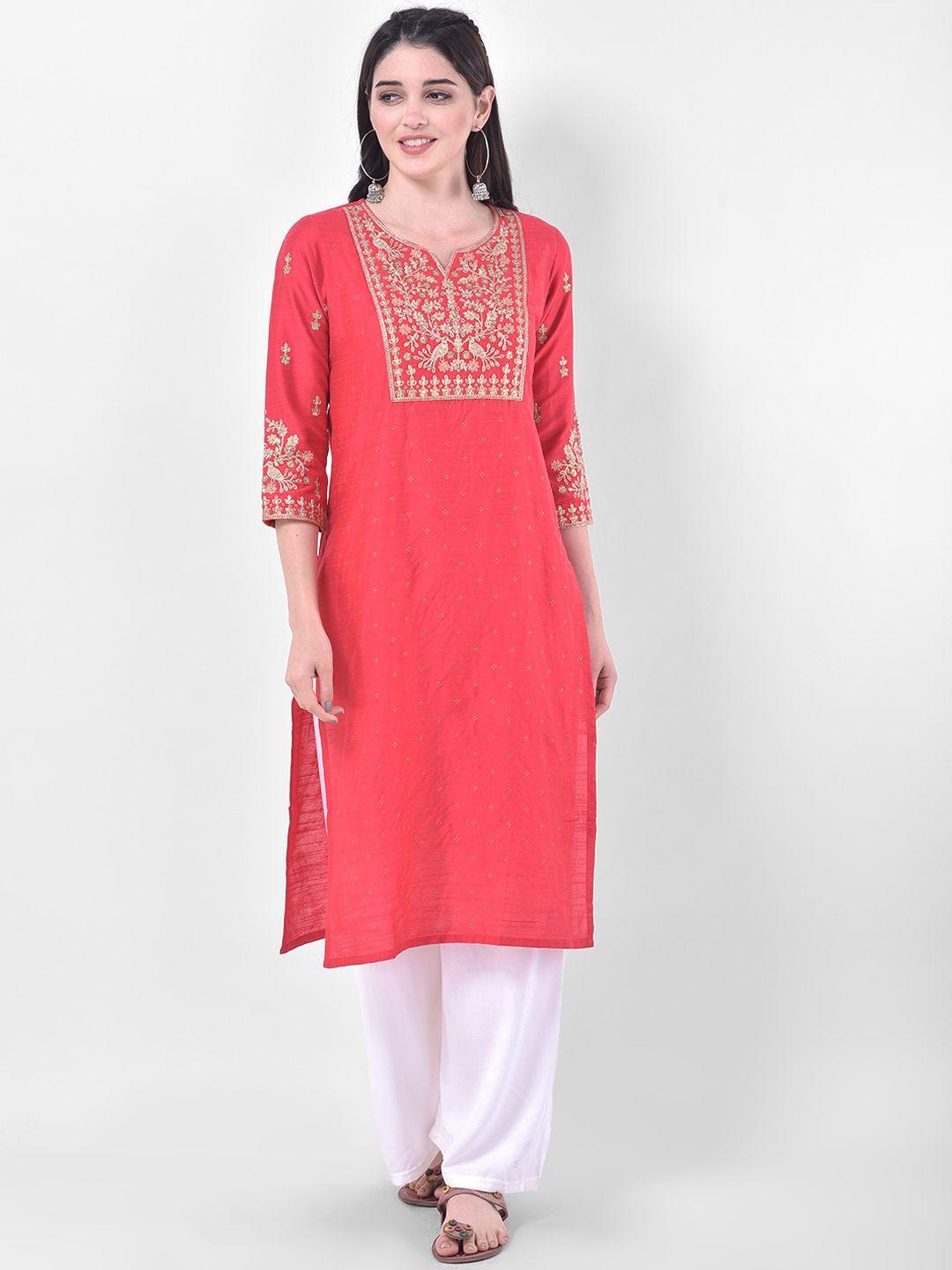 span women peach-coloured yoke design thread work kurta