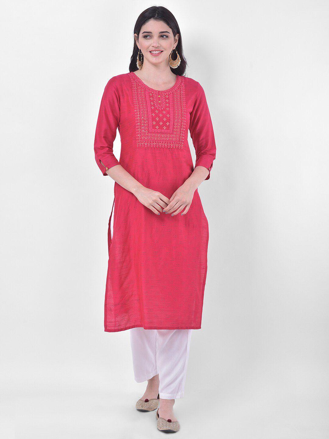 span women pink & white thread work kurta