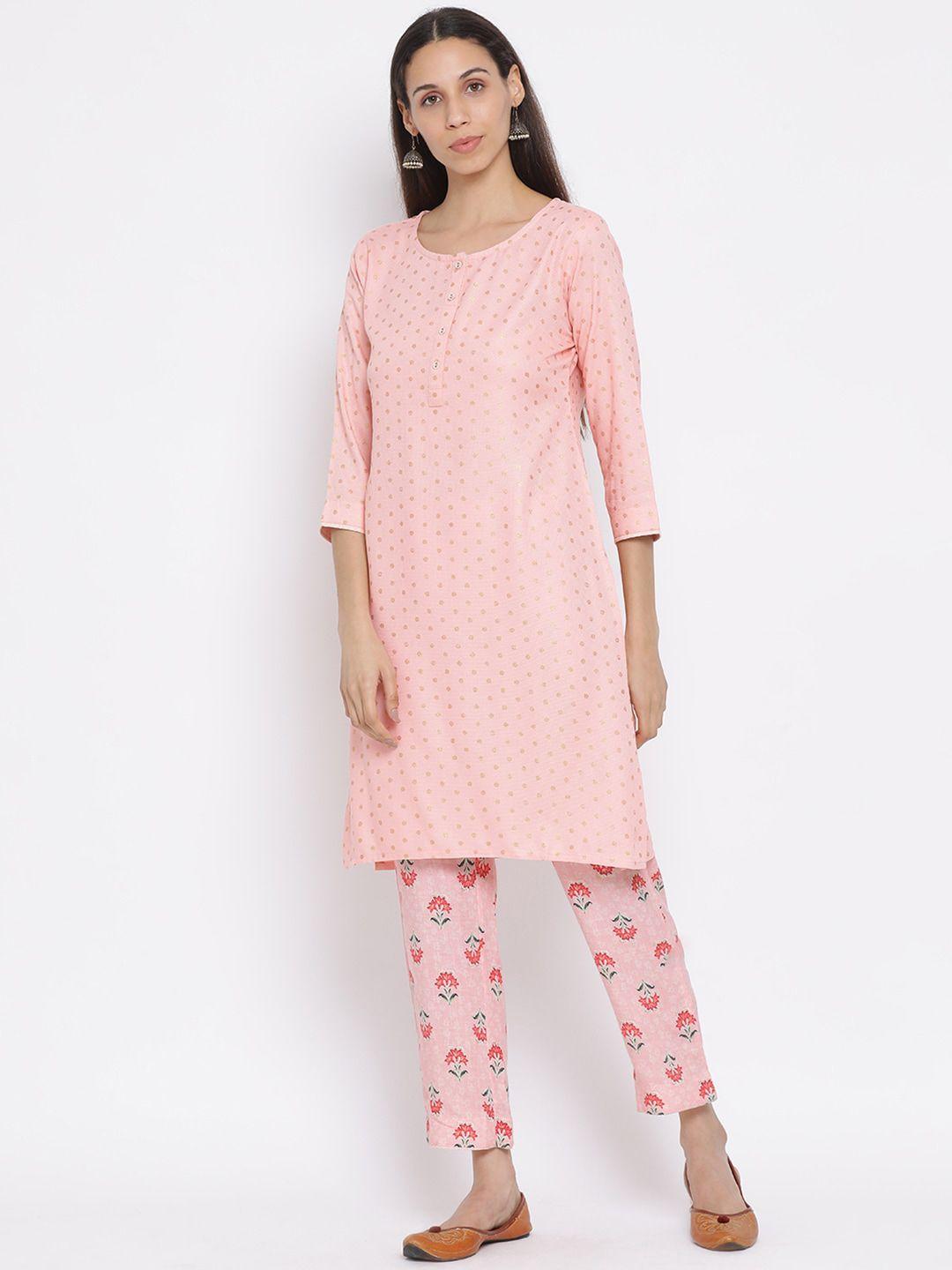 span women pink cotton printed kurta with trousers