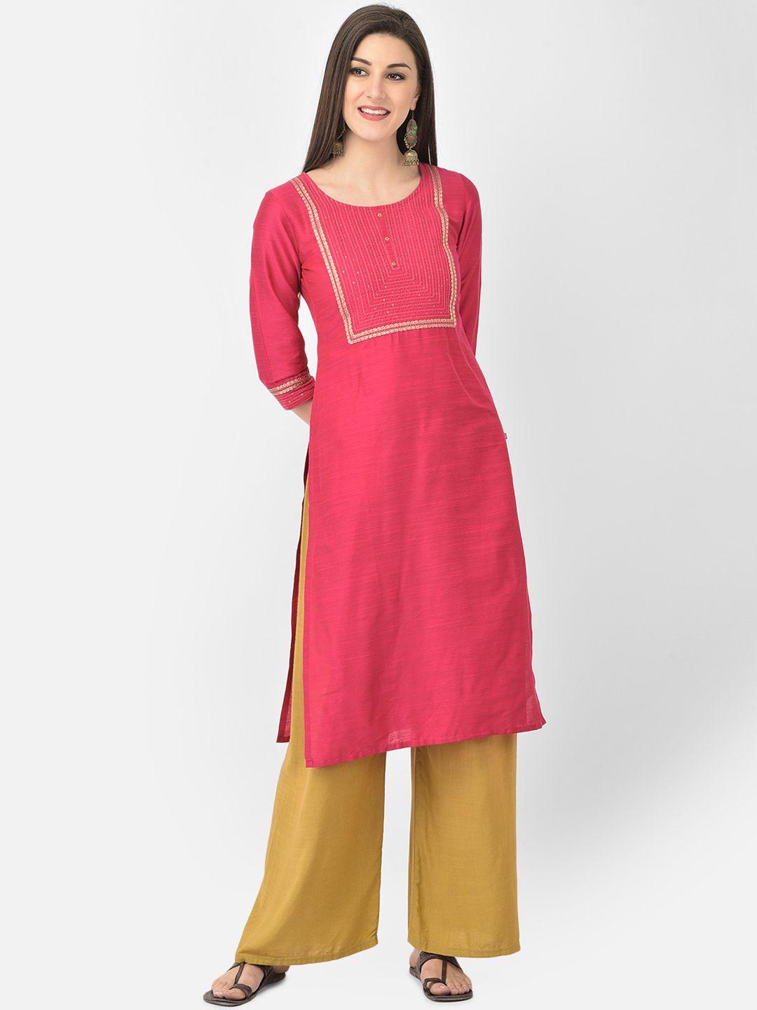 span women pink embroidered thread work kurta