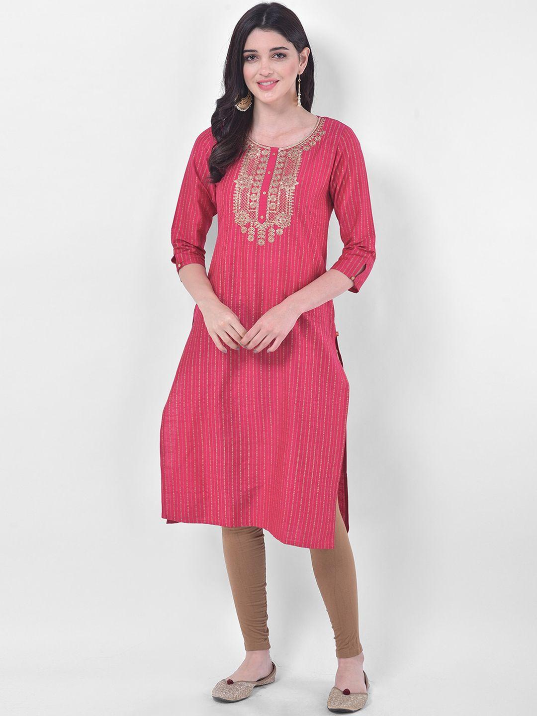 span women pink ethnic motifs embroidered kurta