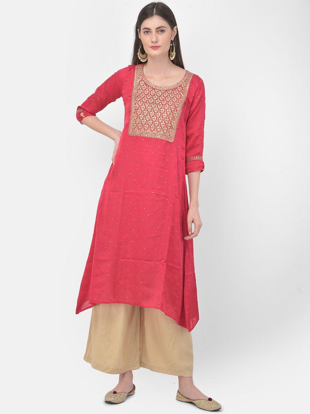 span women pink ethnic motifs embroidered thread work kurta