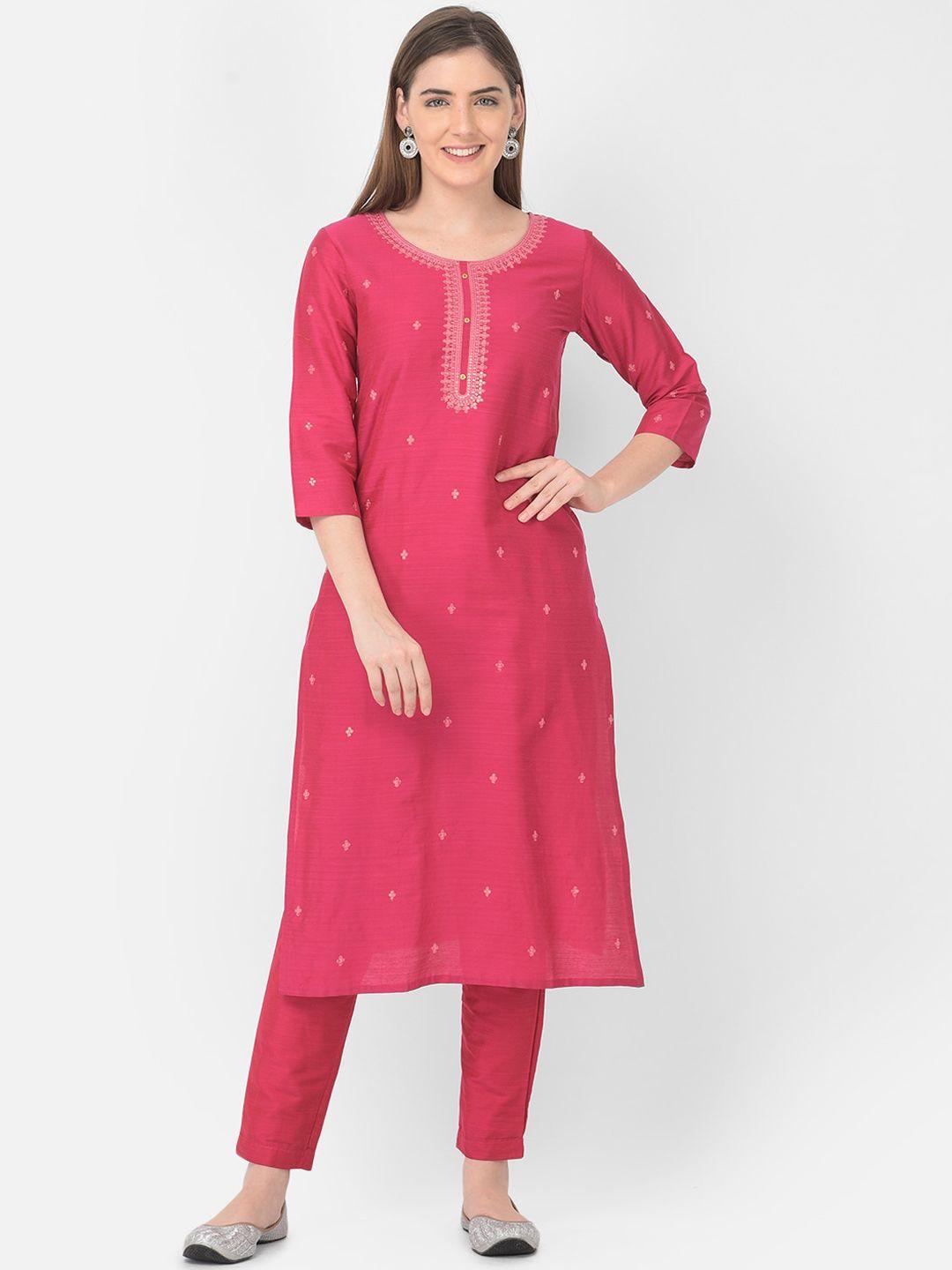 span women pink ethnic motifs embroidered thread work kurta