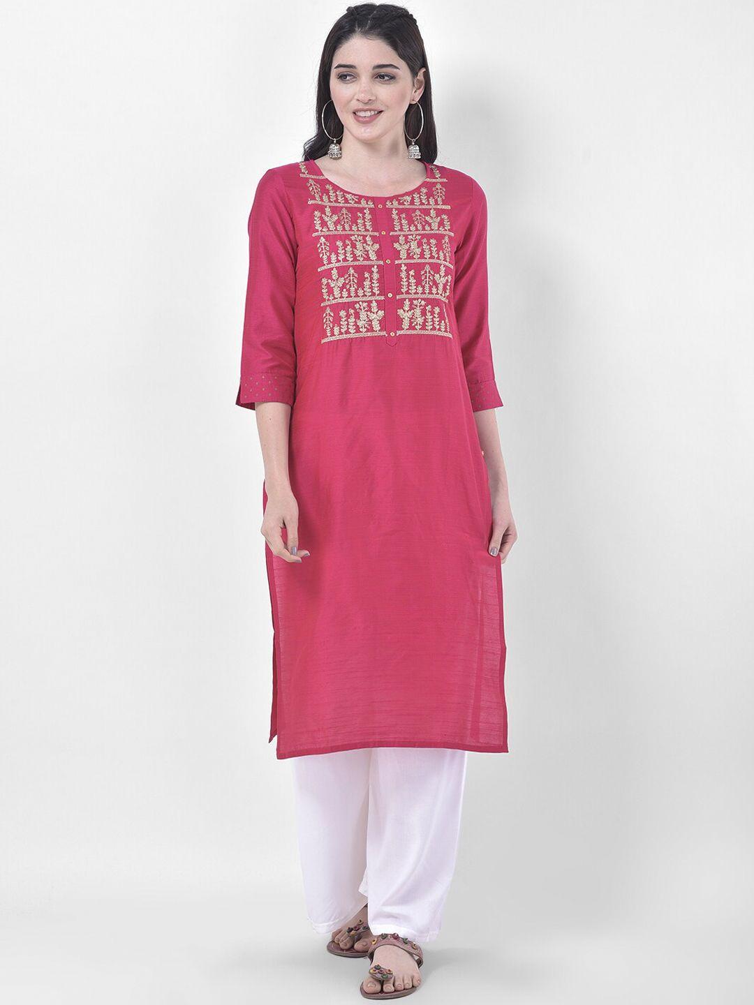 span women pink ethnic motifs yoke design kurta