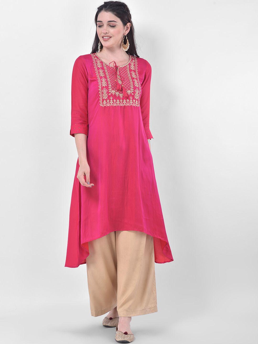 span women pink ethnic motifs yoke design kurta