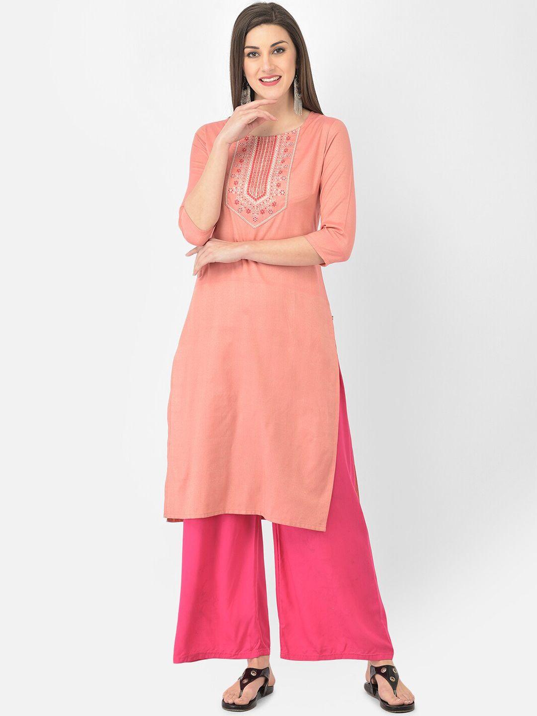 span women pink ethnic motifs yoke design kurta