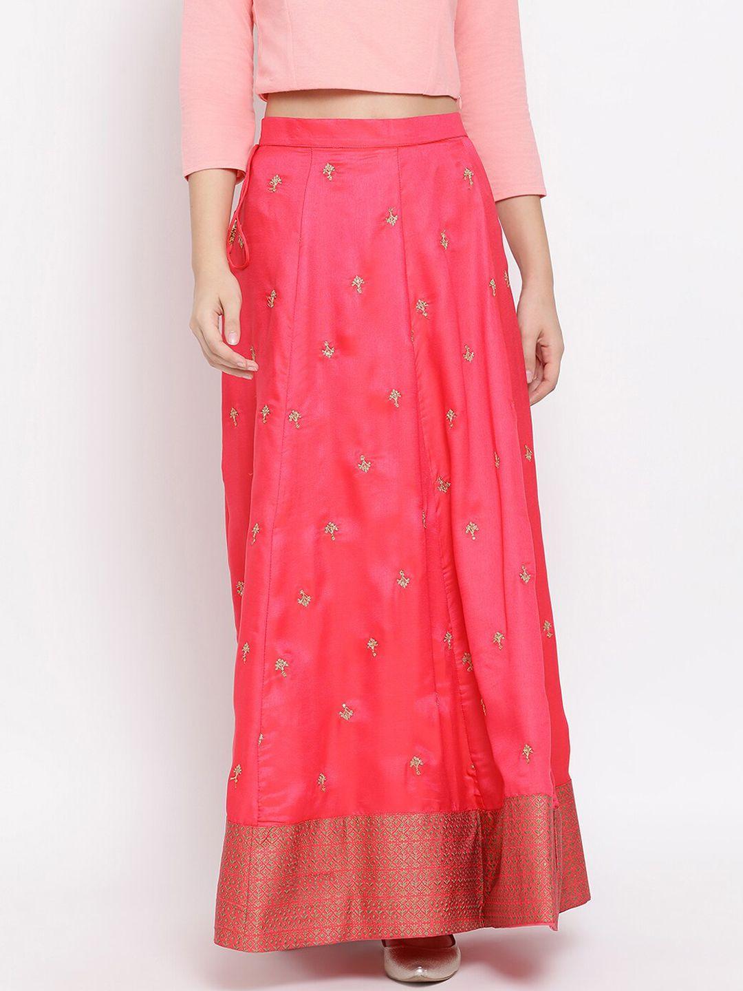 span women pink floral embroidered pure silk maxi flared skirt