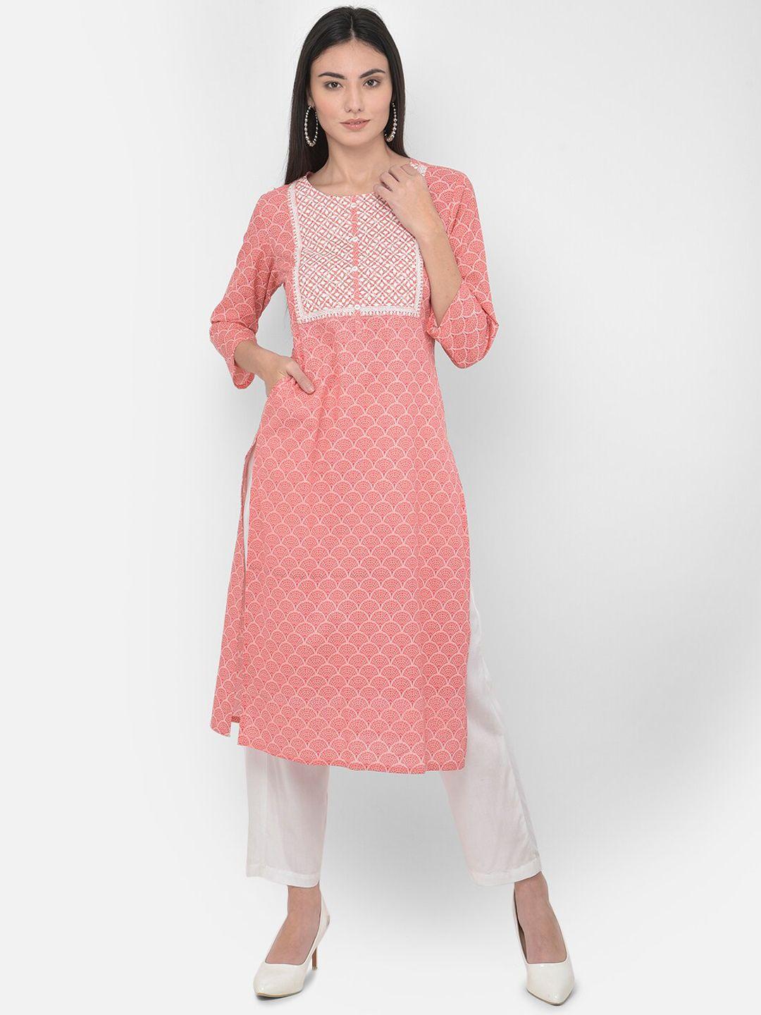 span women pink geometric embroidered straight kurta