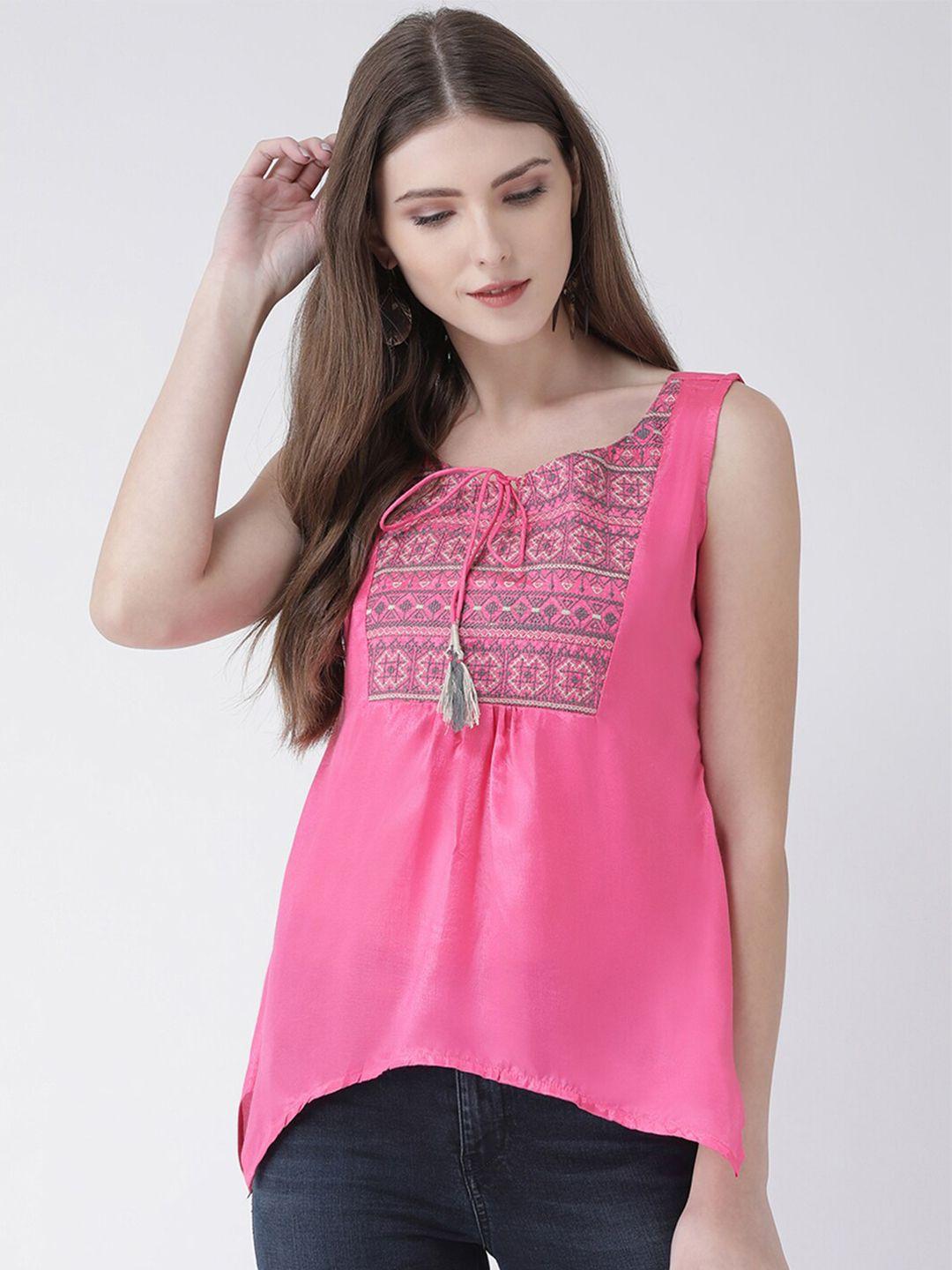 span women pink print tie-up neck embroidered top