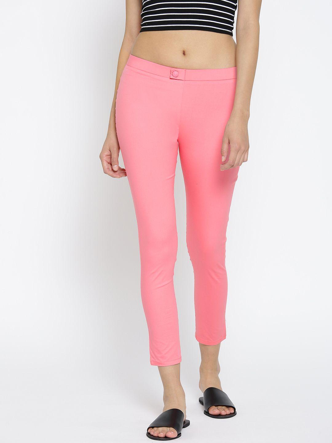 span women pink solid cropped treggings