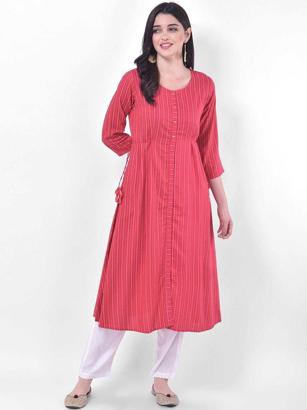 span women pink striped mirror work a-line kurta