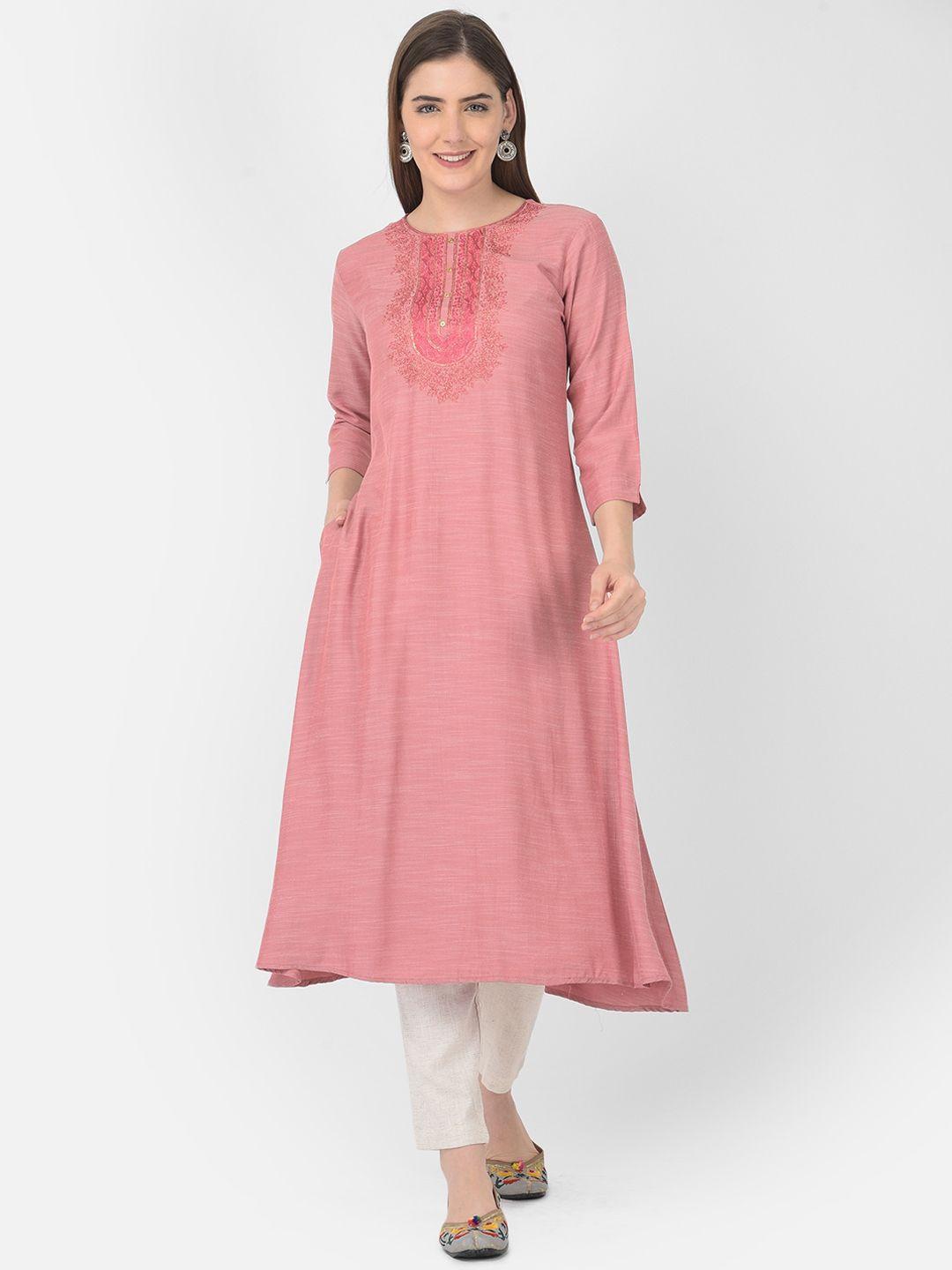 span women pink yoke design thread work anarkali kurta