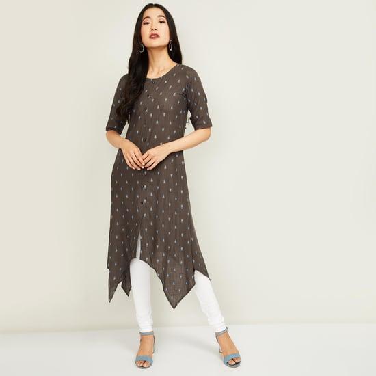 span women printed a-line kurta with asymmetric hem