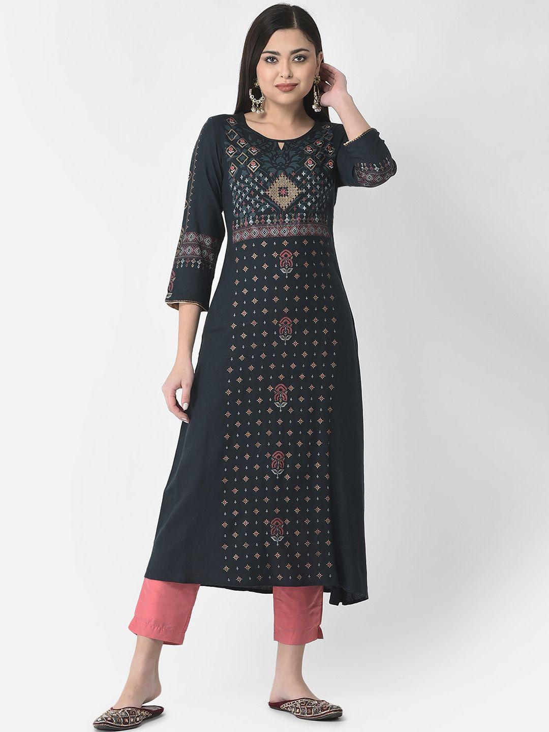 span women printed ethnic motifs keyhole neck kurta