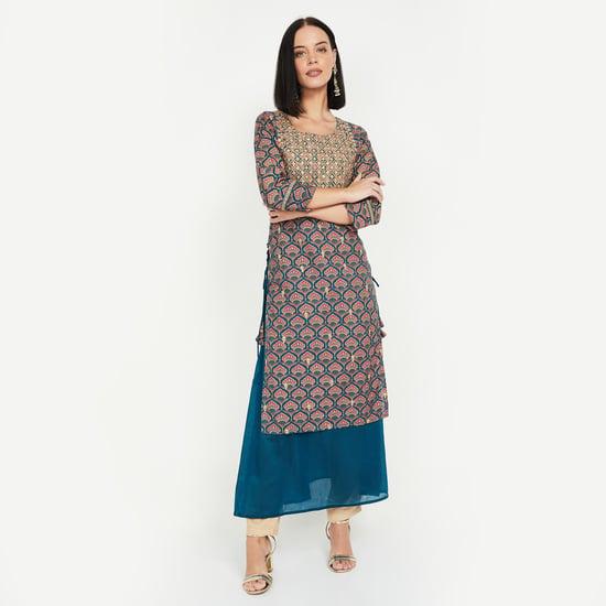 span women printed straight kurta with zari embroidery