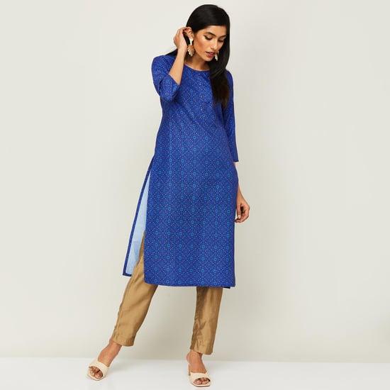 span women printed three-quarter sleeves straight kurta