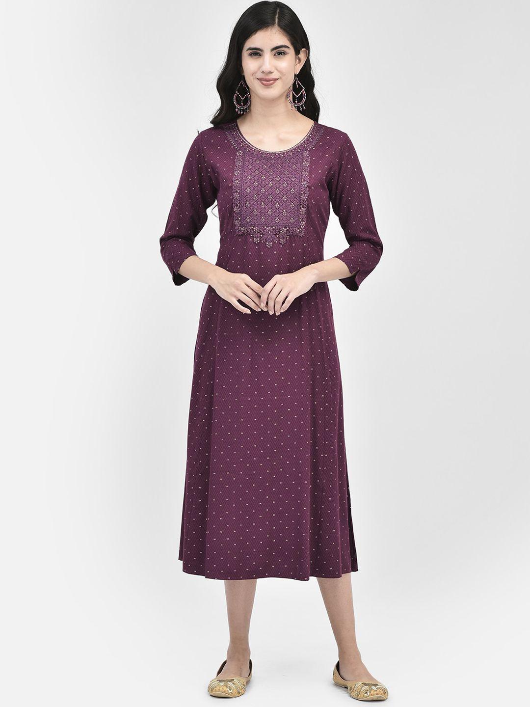 span women purple embroidered flared sleeves thread work kurta