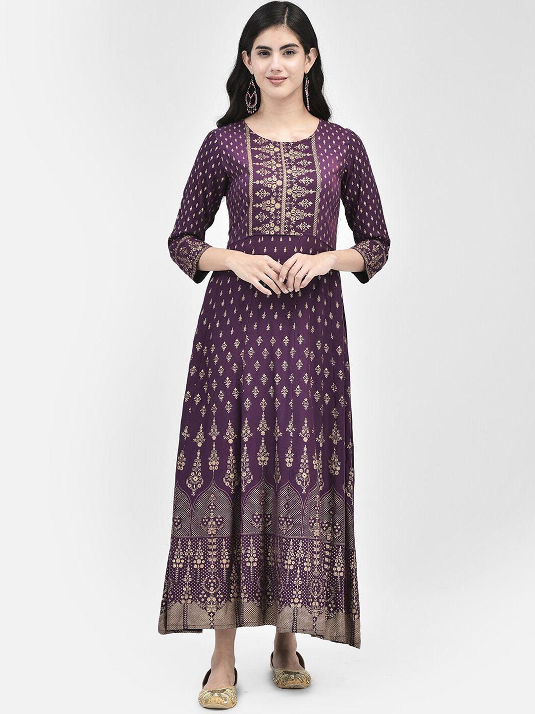 span women purple ethnic motifs printed flared sleeves anarkali kurta