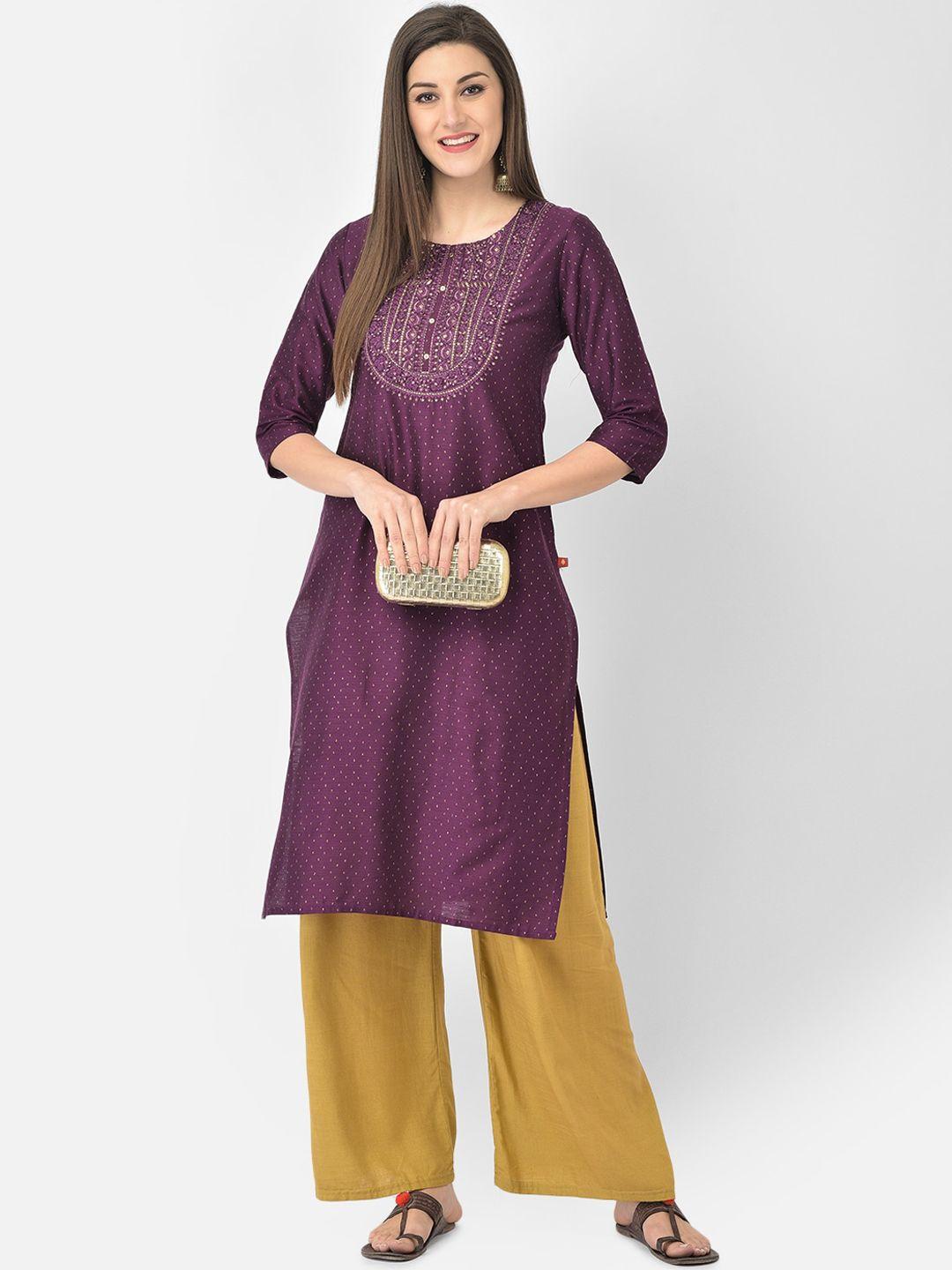 span women purple ethnic motifs yoke design thread work kurta