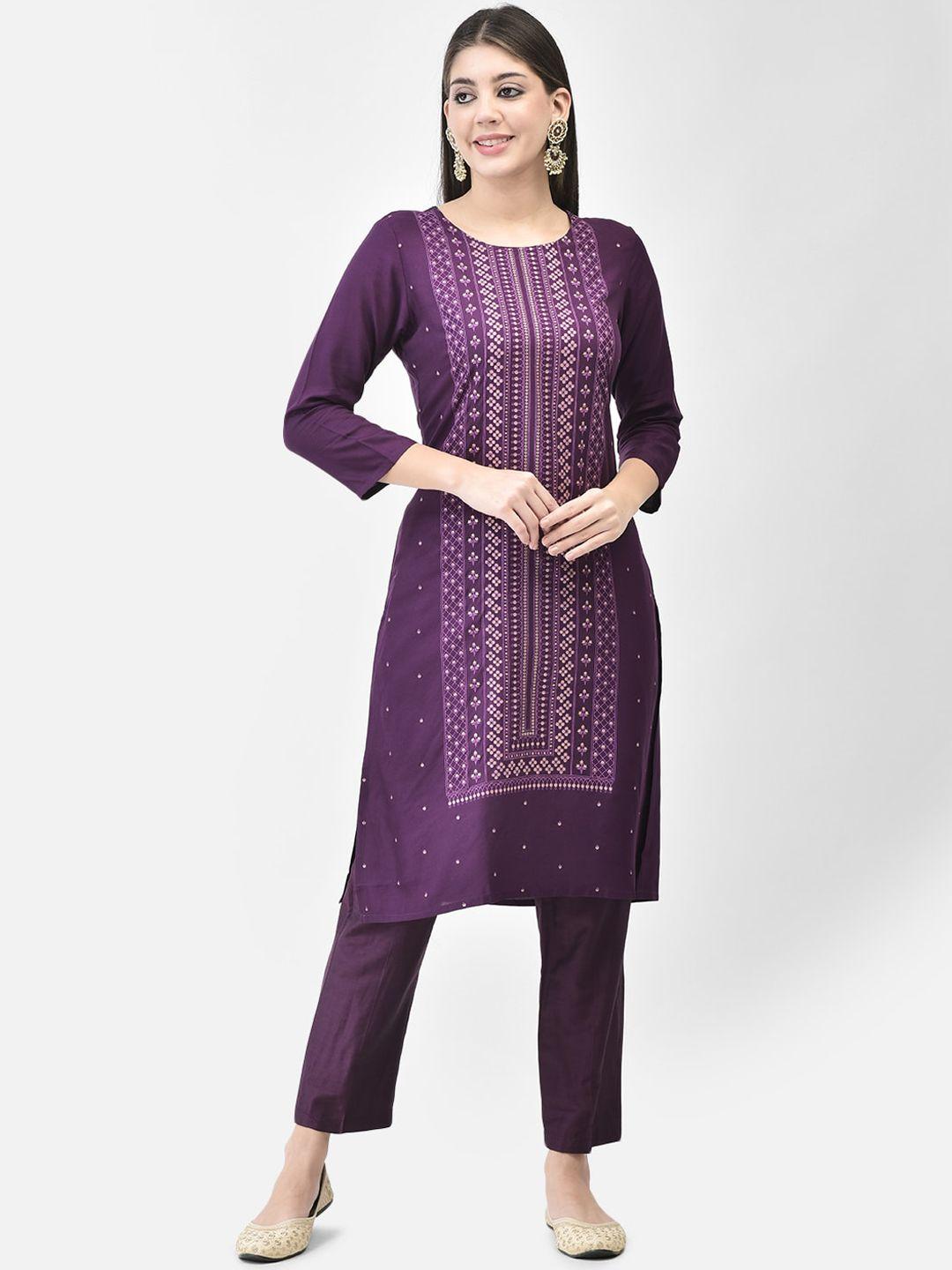 span women purple printed regular kurta with trousers