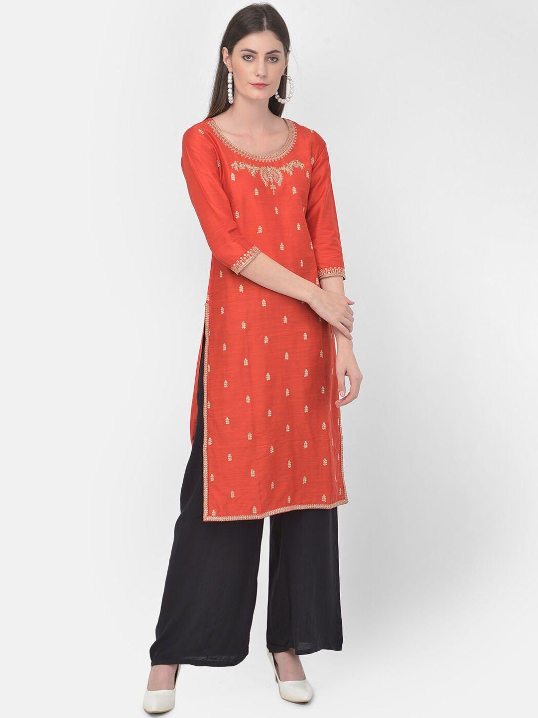 span women red ethnic motifs printed thread work kurta