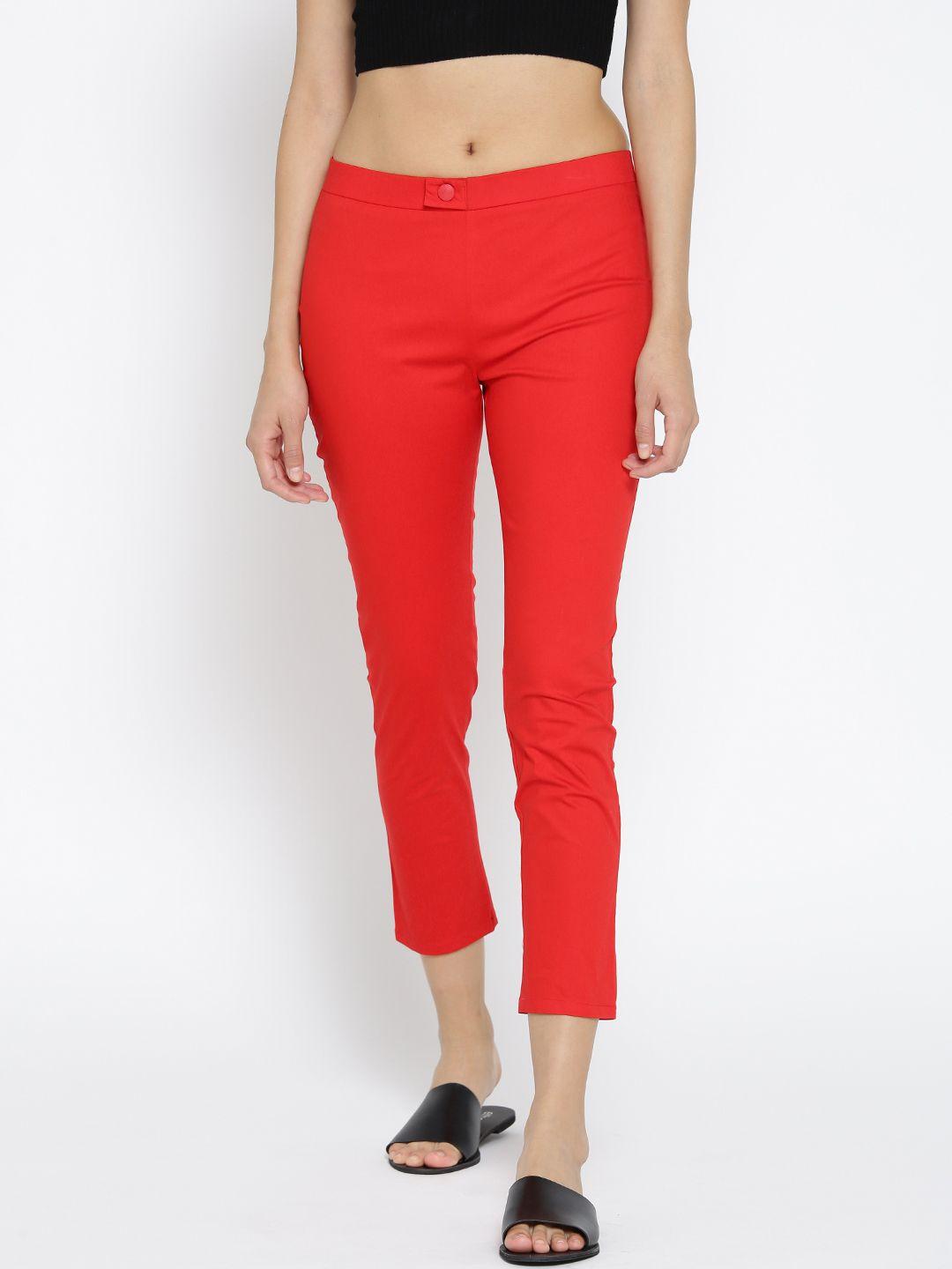 span women red solid cropped treggings