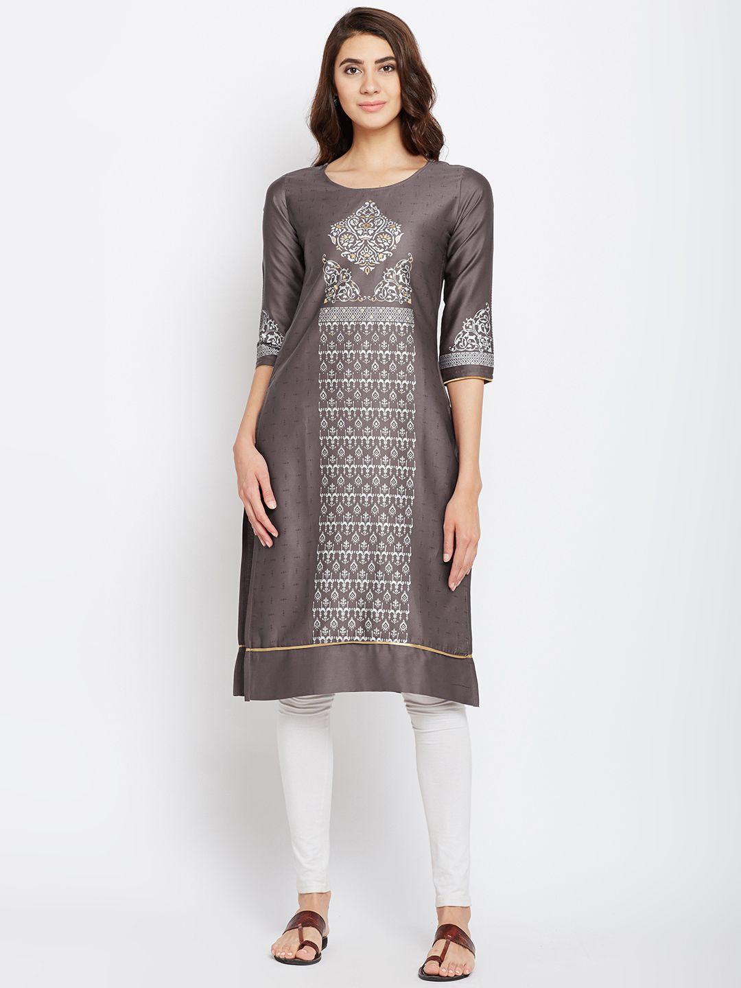 span women taupe printed straight kurta