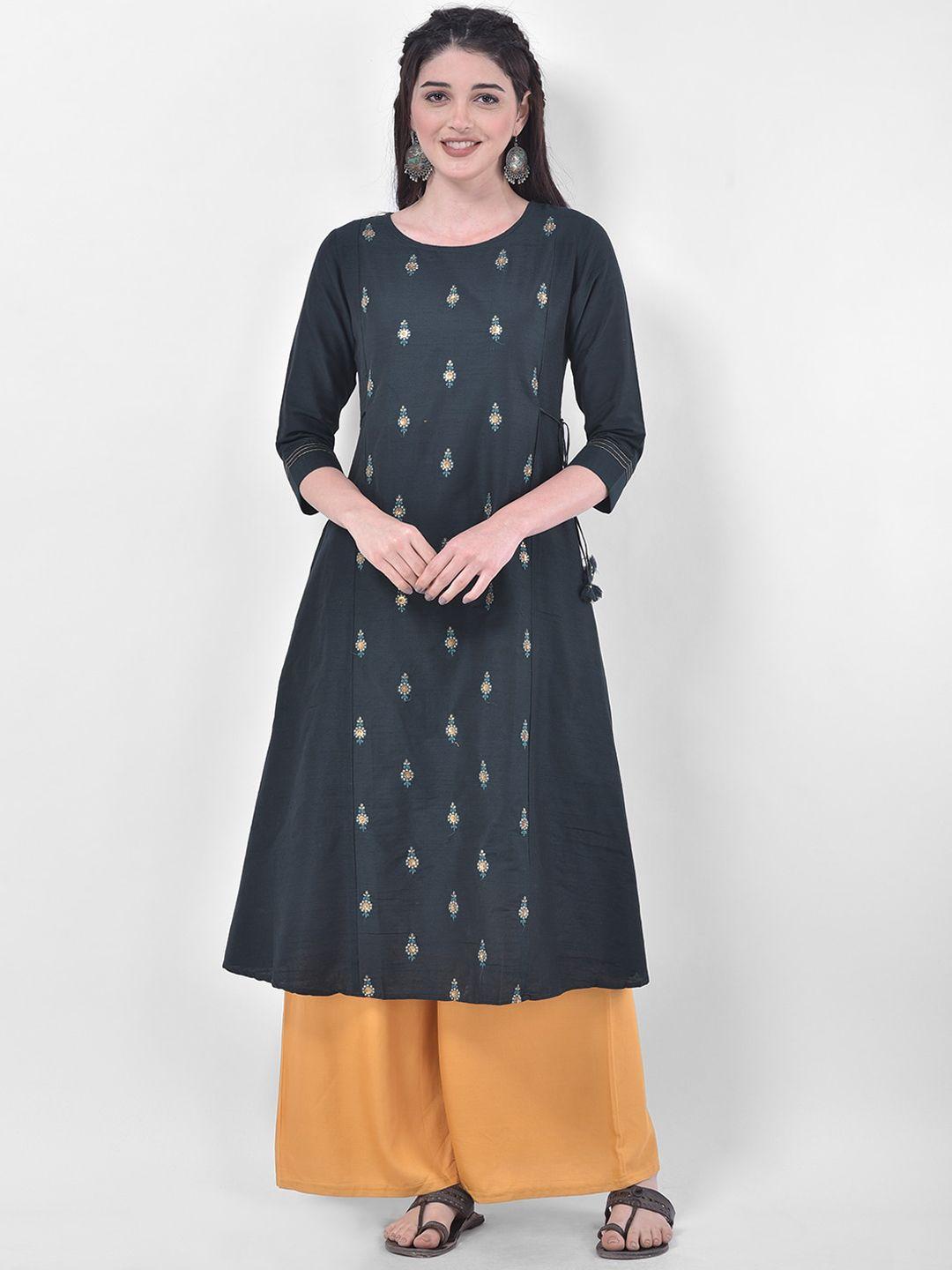 span women teal green ethnic motifs embroidered kurta