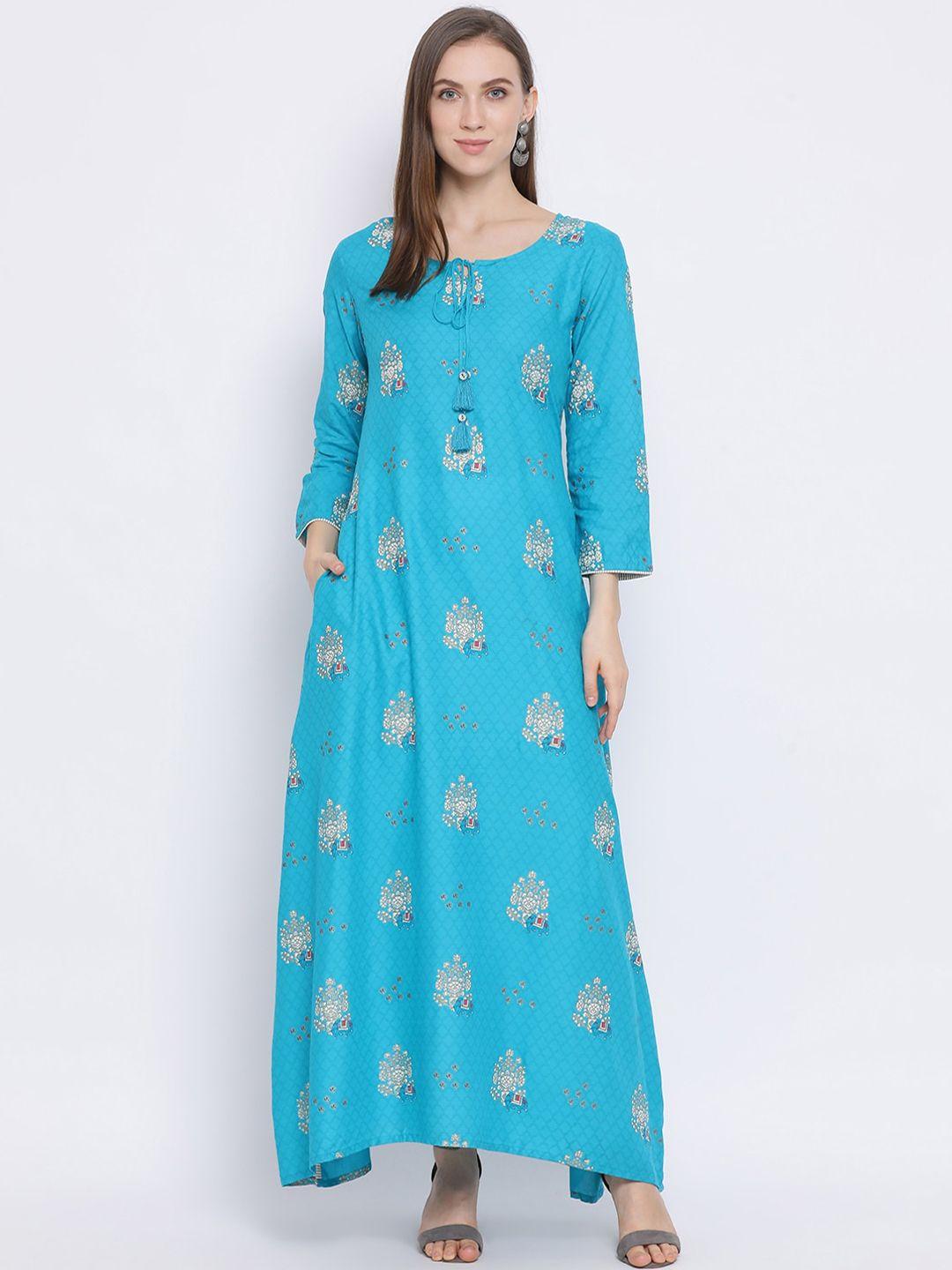 span women turquoise blue & beige printed a-line kurta