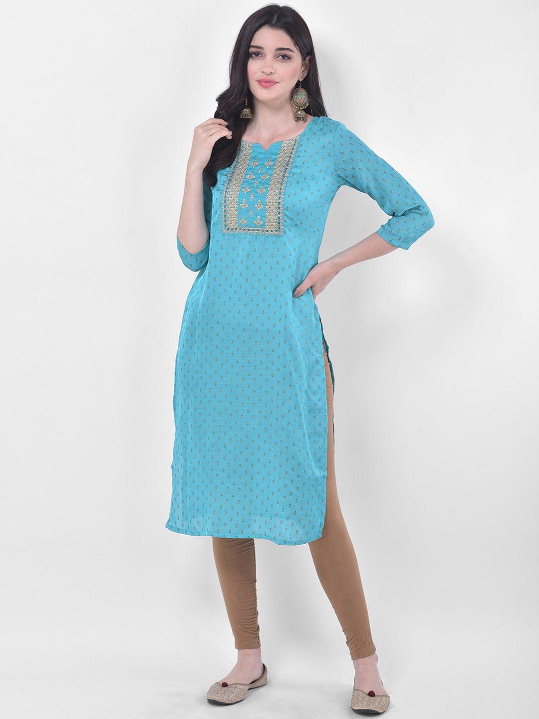 span women turquoise blue & gold-toned floral embroidered cotton silk kurta
